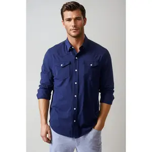 Men's Buki’s Cinqo Soft Stretch Western Tech Shirt - Menswear, Navy, Long Sleeve Knit Casual Layer Top
