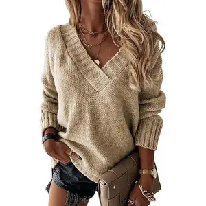 Womens Loose Sweaters Sexy V Neck Long Sleeve Solid Knitted Jumper Pullover