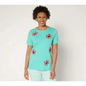 Quacker Factory Embroidered and Beaded Short Sleeve Top