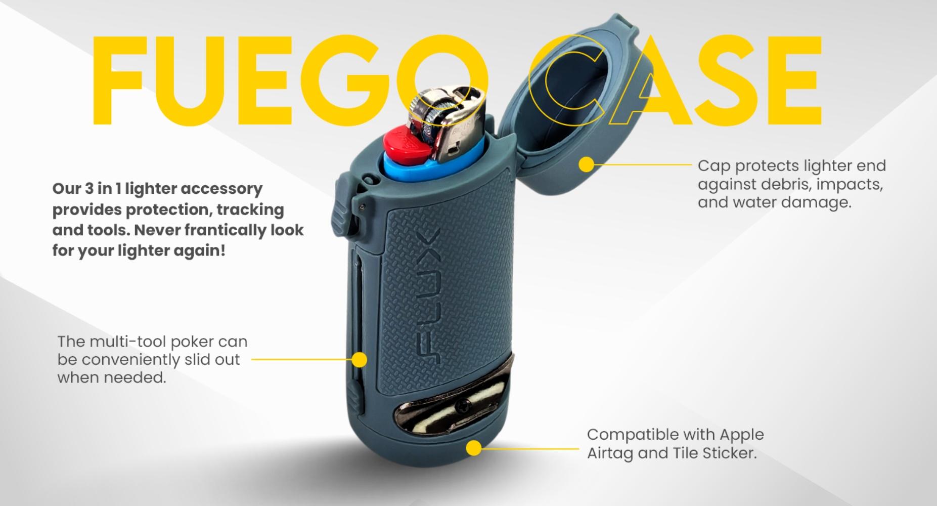 Fuego Case Lighter Holder for Bic Lighters – AirTag & Tile Compatible Lighter Case with Poker Tool, Bottle Opener & Lanyard – Durable Protective Sleeve Cover Multipurpose
