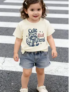 Summer Cute but Feral Little Bear Print Girl Short Sleeve T-Shirt, Graphic Print Tee, Adorable Cartoon Pattern, Stylish Fit for Kids