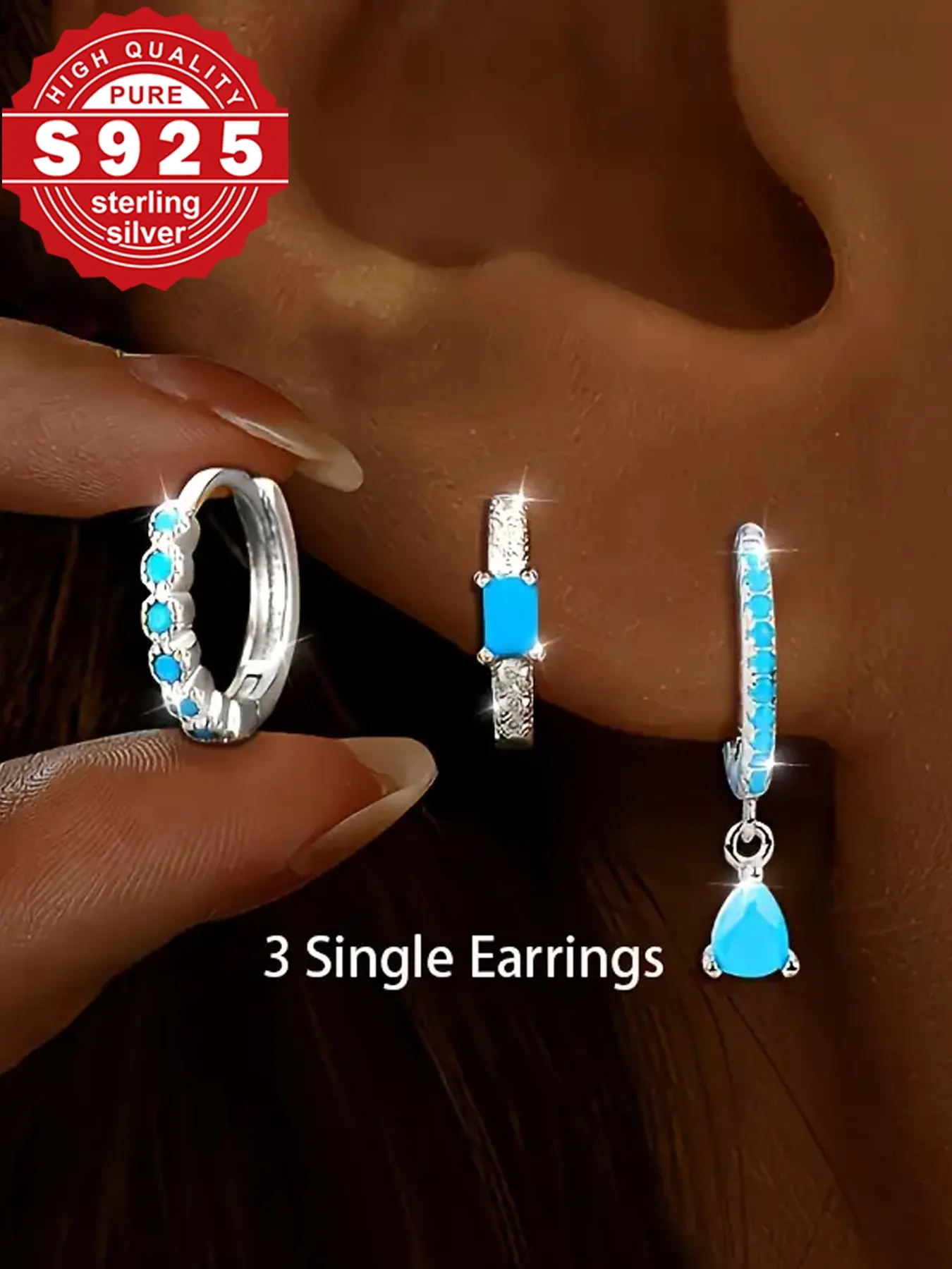 3pc S925 Silver Earrings Stack Set, Synthetic Turquoise Inlay, Hypoallergenic, Fresh Style, Unique Earrings, Lightweight Earrings, Stud Earring Jewelry, Earring Stacks, Perfect Gift for Women, Summer Beach Vacation, Earring Sets