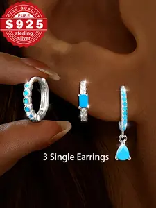3pc S925 Silver Earrings Set, Synthetic Turquoise Inlay, Hypoallergenic, Fresh Style, Lightweight Earrings, Perfect Gift for Women, Summer Beach Vacation