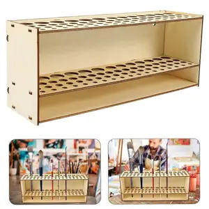 Wooden Brush Holder Stand, Natural Wood Color Design, Multi-Purpose Organizer for Brushes & Art Tools, Ideal for Office Desk Decor