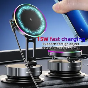 15w RGB Magnetic Wireless Fast Charging Car Mount Holder, Foldable Metal Three-Axis Arm, 720° Rotating Octopus Suction Cup, Magsafe Compatible