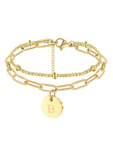 1 Pc Sleek Golden Initial Disc Bracelet for Women Men Lightweight Unisex Copper Jewelry Effortless Styling Natural Layered Structure Unique Mixed Link Chain Elegant Round Letter Pendant Minimalist Distinctive for Daily Outfits