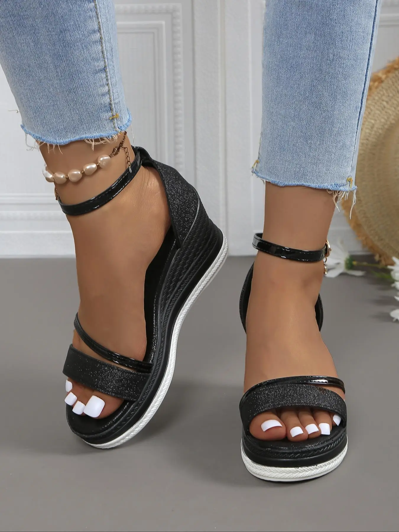 Women's Fashionable Glitter Metallic Wedge Sandals, 2024 Summer Sandals Versatile Sandals for Beach Vacation, Trendy Shoes for Daily Wear