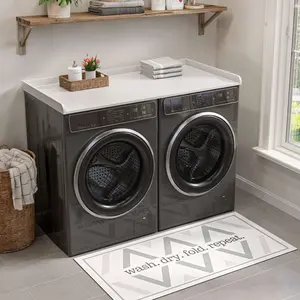 Washer and dryer countertop shelf, wooden countertop shelf with edging, includes absorbent mat, 54 inches wide x 27.5 inches deep, with protective cover, suitable for washer and dryer, convenient countertop storage and organization.