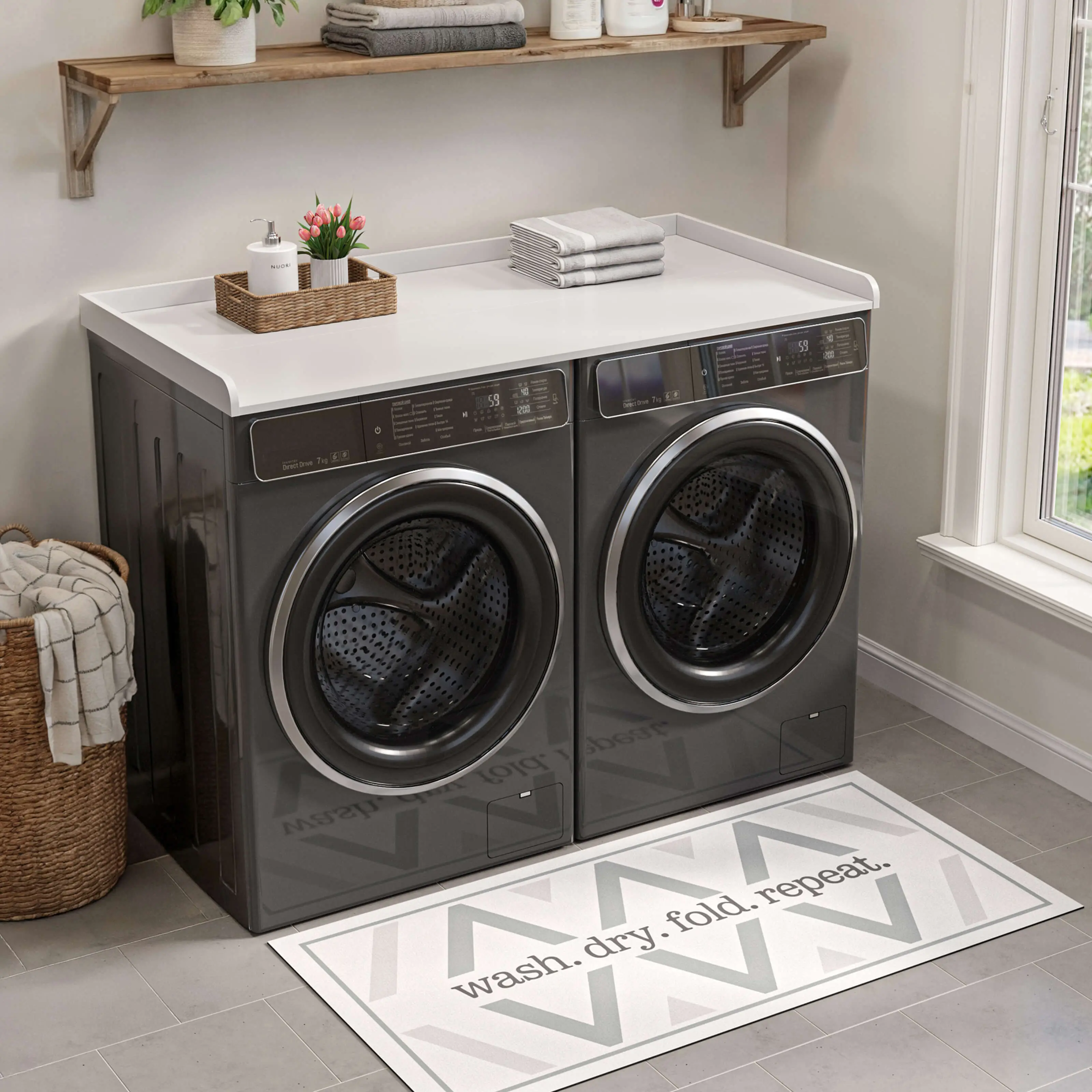 Wooden Washer-Dryer Countertop Shelf - Particle Wood with Edging, 54x27.5in, Heatproof Protective Cover, Absorbent Anti-Slip Pad, Home Organizer for Convenient Storage