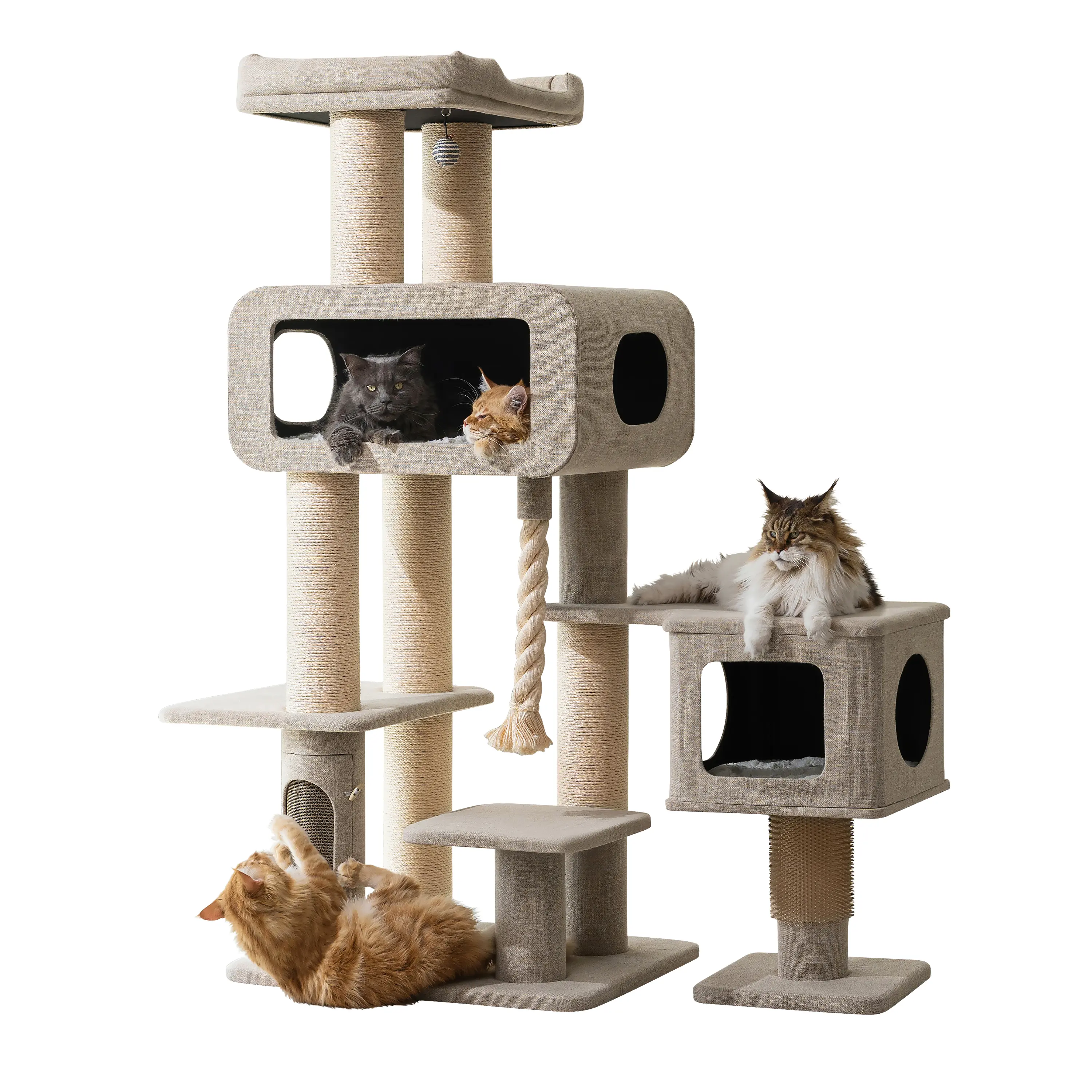 PetPals 71” Grand Maine Coon Cat Tree – Ontario, with 2 Large Condo, Replaceable Cardboard Scratcher, Washable Bed, Sustainable Sisal Posts, Extra Large Durable (Beige) Beige Cat Tree with Condos and Perches
