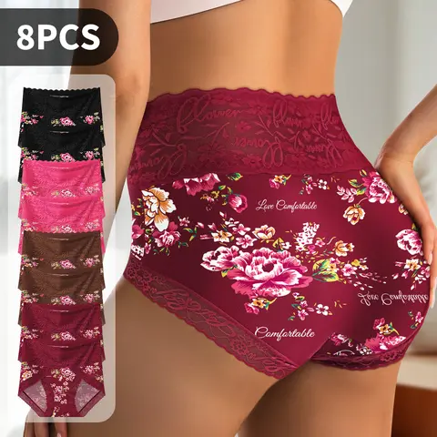 QUASTI 8PCS Mid-Waist Printed Contrast Lace Panties, Cute Graffiti Pattern Casual Breathable Women Briefs, Basic Soft Panties, Perfect For Daily wear, S-5XL