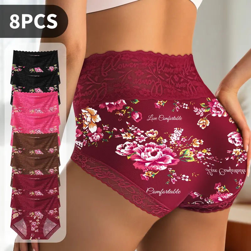 QUASTI 8PCS Mid-Waist Printed Contrast Lace Panties, Cute Graffiti Pattern Casual Breathable Women Briefs, Basic Soft Panties, Perfect For Daily wear, S-5XL