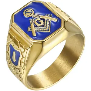 Men's Stainless Steel Gold Plated Freemason Symbol Masonic Rings Blue G Lodge Master Mason Signet Biker Band