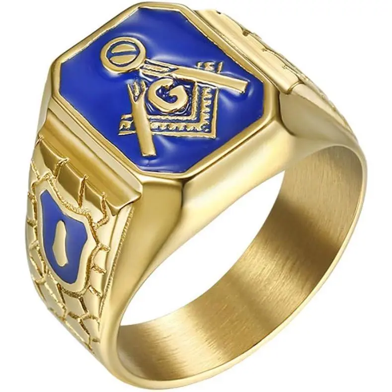 Men's Stainless Steel Gold-Plated Freemason Symbol Classic Band Ring - Engraved, Block Shape, Decorative Engraving Signet Ring for Lodge Master Masons (Gold Center Design), Engraved Gold Rings, Gold Center Rings