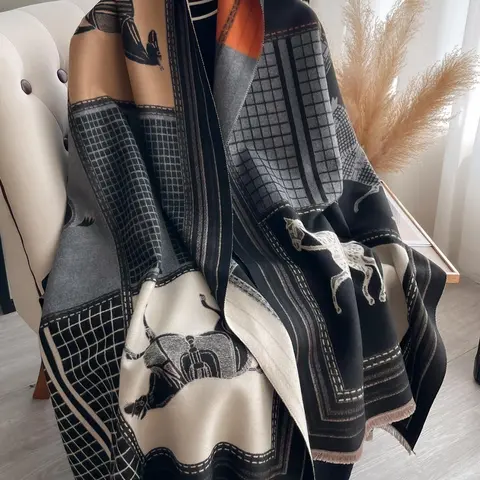Boho Style Colorful Horse & Plaid Pattern Shawl, Casual Soft Warm Long Scarf for Fall & Winter, Fashion Accessories for Women & Men, Tassel Decor Shawl