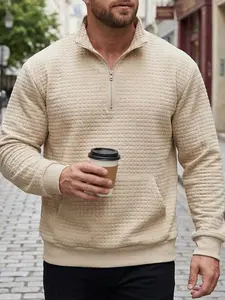 Men's Quilted Quarter Zip Sweatshirt, Waffle Grid Texture Pullover with Stand Collar & Kangaroo Pocket, Casual Loose Fit Top for Streetwear, Daily Wear and Fall Winter