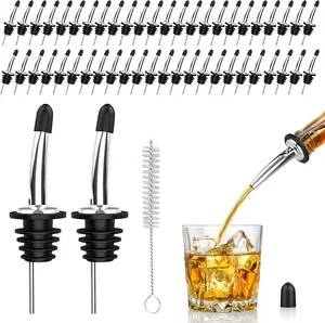 48-Pack Stainless Steel Pour Spouts for  Bottles Oil Vinegar and , Bottle Pourers with Rubber Dust Caps,Bar accessories,Pourers for Bartending
