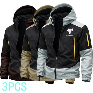 Men’s lightweight windproof softshell hooded jacket featuring a drawstring design, sporty casual style, large front pocket and side zipper, suitable for spring and autumn and back-to-school season wear; long-sleeve style is ideal for outdoor activities in