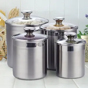 Stainless Steel Food Jar Storage Canister Set Large 4-Piece, 1.6qt/2.5qt/3.5qt /5qt Airtight Containers with Glass Lid for Tea Coffee Sugar Flour Pantry Kitchen Counter