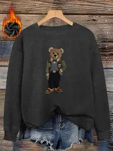 Women's Teddy Bear Print Sweater, Long Sleeve Round Neck Pullover, Soft Elastic Fabric, Casual Fall & Winter Top, Fitted Design