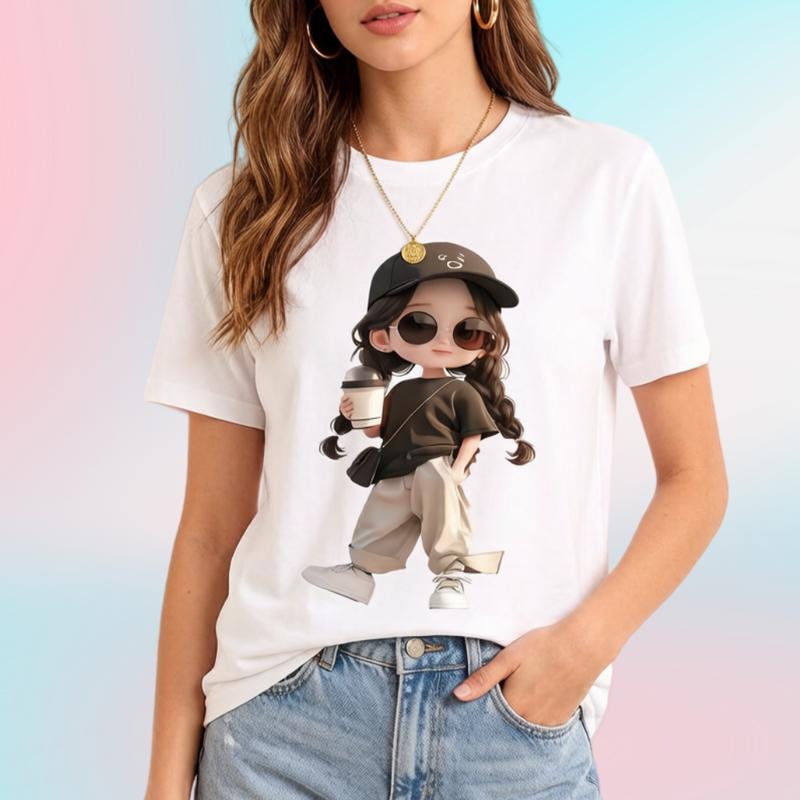 Women's Pure Cotton Oversized Crew Neck Fitted Short-Sleeve Cute Graphic T-Shirt - Chibi Coffee Print, Cartoon Streetwear Top, Casual Valentine's Day New Year Tee, TikTok Viral, Free Exquisite Gift Per Order