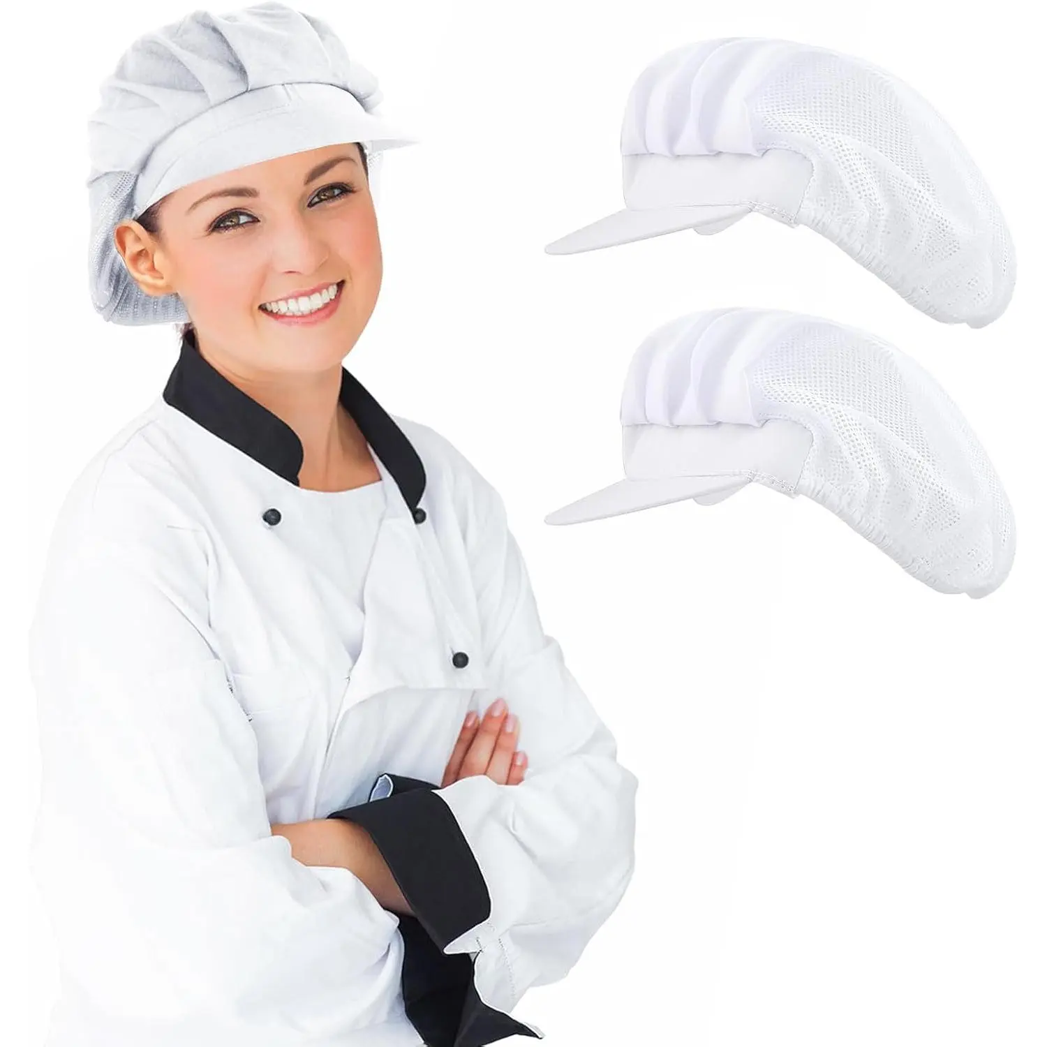 2 Pcs Dome Mesh Chef Caps for Women and Men, Breathable Polyester Cotton Head Cover with Brim, Adjustable and Reusable for Kitchen Food Service, Breathable Head Cover, Dome Mesh Cap