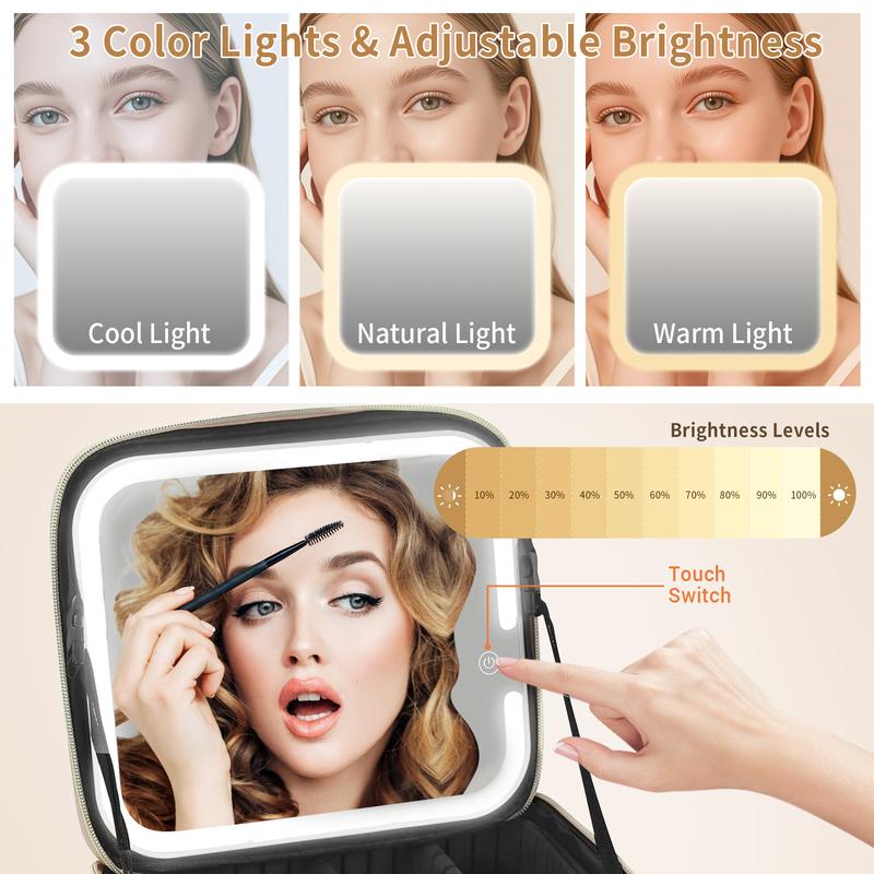 Travel cosmetic bag with LED light, USB charging women's cosmetic storage box, portable lighted makeup mirror with adjustable brightness, three-color adjustable light, portable cheap storage bag with adjustable divider makeup brush puff storage box