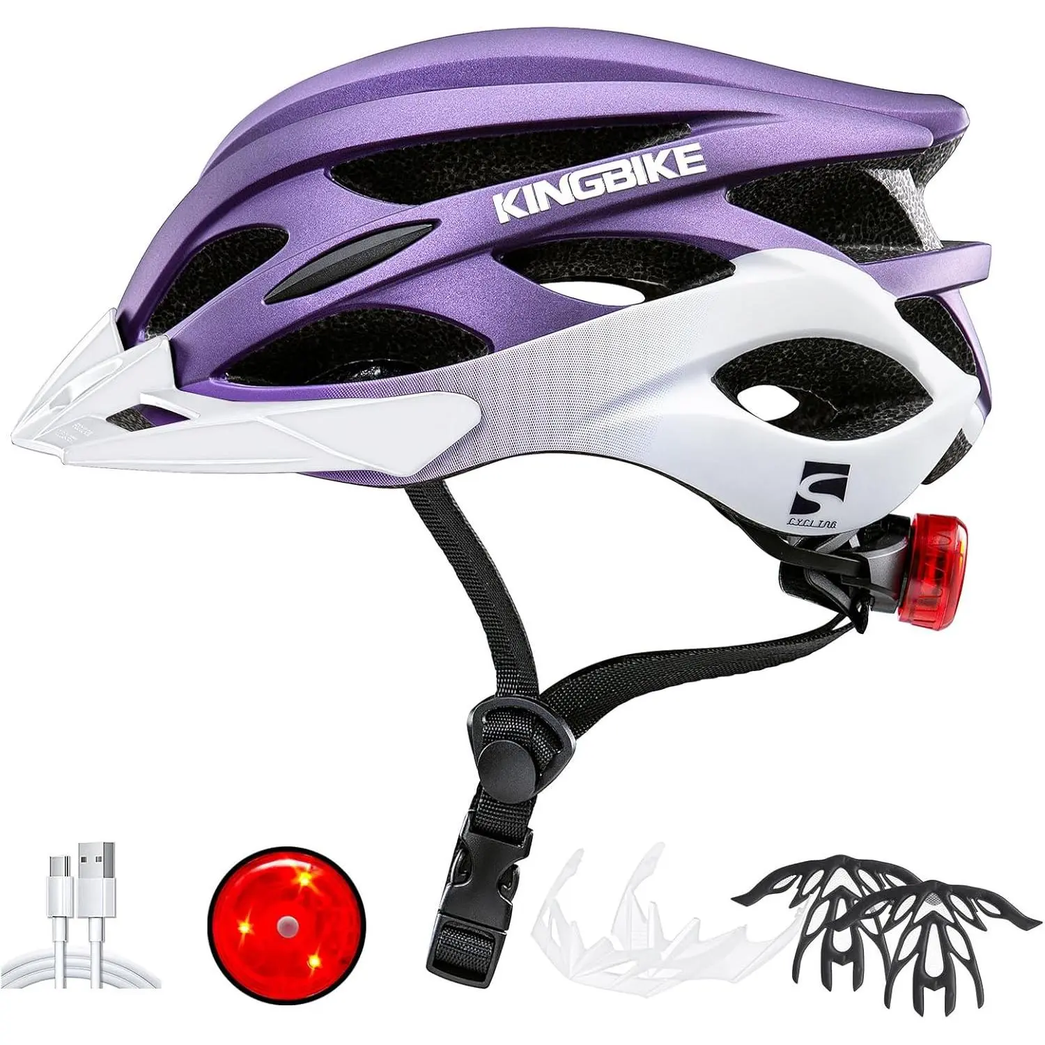 Unisex Polycarbonate Full-Shell Adult Bike Helmet with EPS Foam - Road/Mountain Bikes, 24 Vents, USB Port LED Light, Dial-Adjust Fit, Detachable Parts, Rechargeable, Replaceable Padding, Visors, Lightweight, Commute Use, M/L Sizes, 12-Month Guarantee