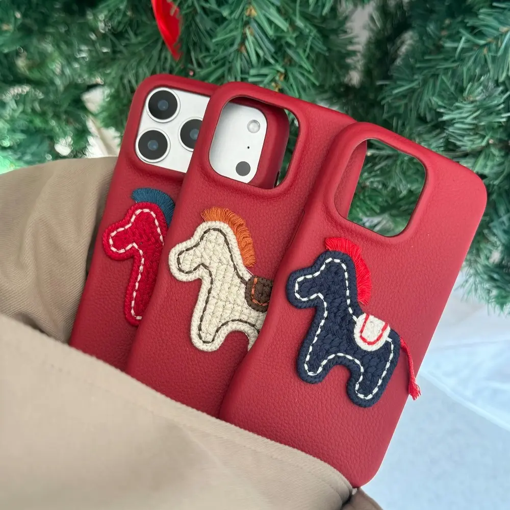 Leather Embroidered Horse Phone Case for Apple iPhone 17 Pro Max, Creative Fashionable Phone Cover, Stylish Protective Case