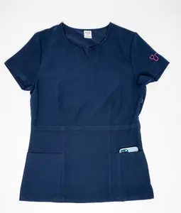 CARING ME Women's V-Neck Top Navy Blue Fabric Comfortable Womenswear Top with Logo in Navy Blue