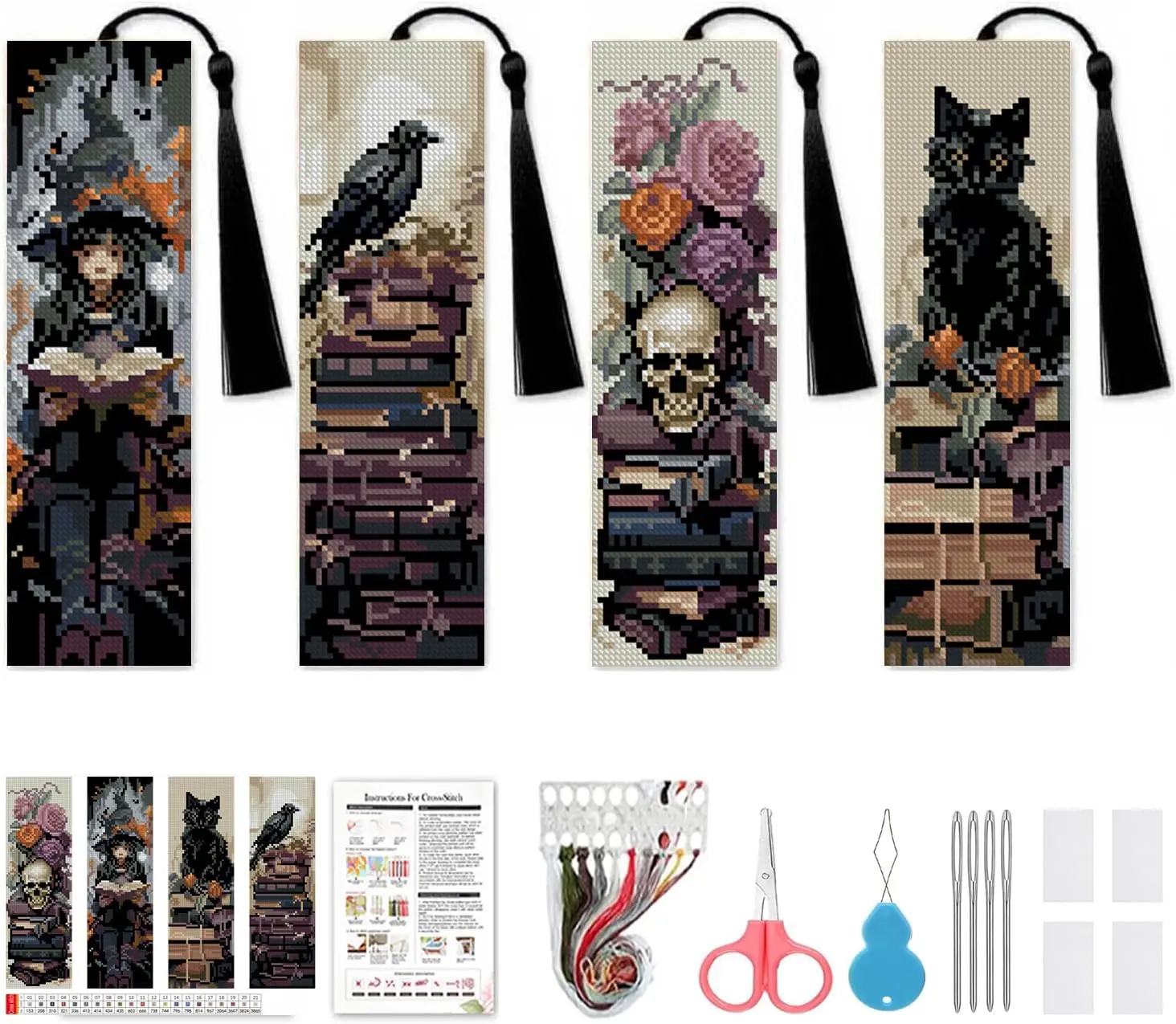 4 Pcs Cross Stitch Kits for Beginners,Gothic Style Stamped Cross Stitch Kits Bookmarks for Women,Book Cat Crow Skull 14 CT Cross Stitch Embroidery Kit for Beginners Crafts for Adults