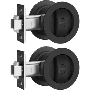 2 Pack Black Pocket Door Hardware, Privacy Pocket Door Handles Without Key, Flush Pocket Door Locks for Bathroom, Round Door Hardware, Heavy Duty Pocket Door Latch