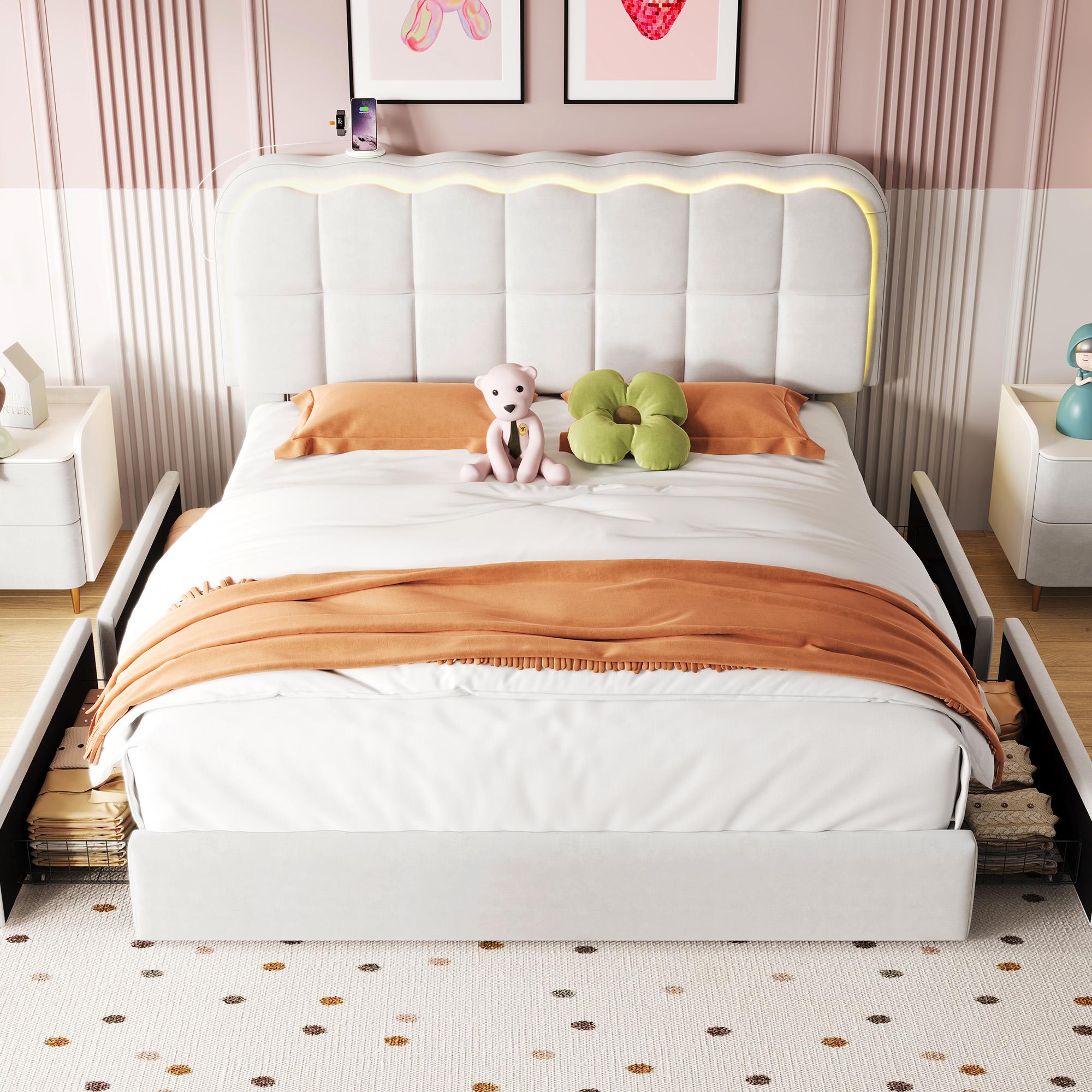 Queen Bed Frame with Headboard and LED Lights, 4-Drawer Storage, ,Charging Station, No Noise, Upholstered Fabric Platform Bed, No Box Spring Needed (Beige, Queen (U.S. Standard))