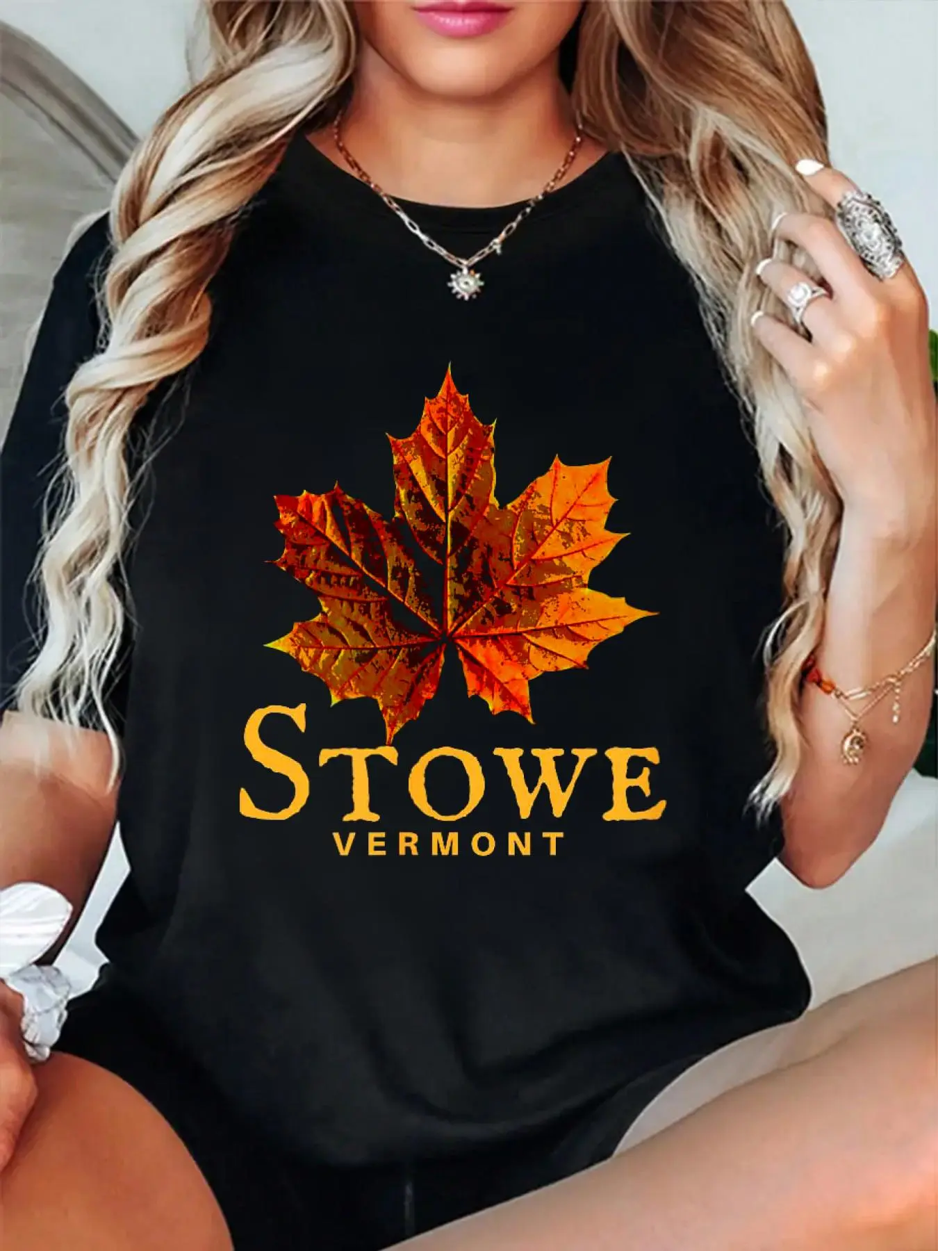 100% Cotton T shirts Stowe Vermont Fall Leaf T-Shirt, Autumn Foliage Vermont Tee T-Shirt Breathable & Comfort Fit Tee Women,Short Sleeve Crew Neck Top for All Seasons,Graphic Tees Women Tops