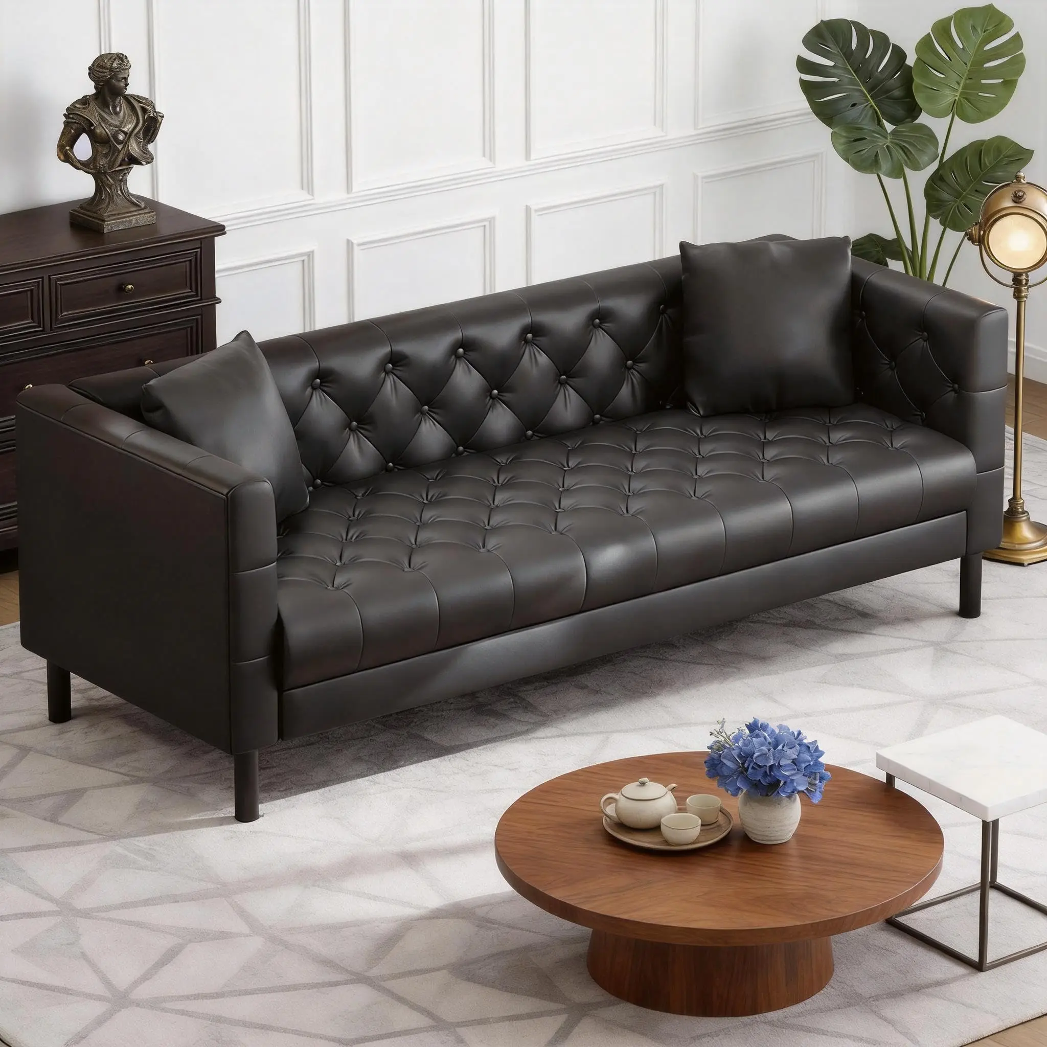 Garvee 78" Leather Couch - Button-Tufted 3 Seater Sofa with Deep Seat and 2 Pillows, Modern Mid-Century Design Perfect for Living Room, Apartment, or Office Use