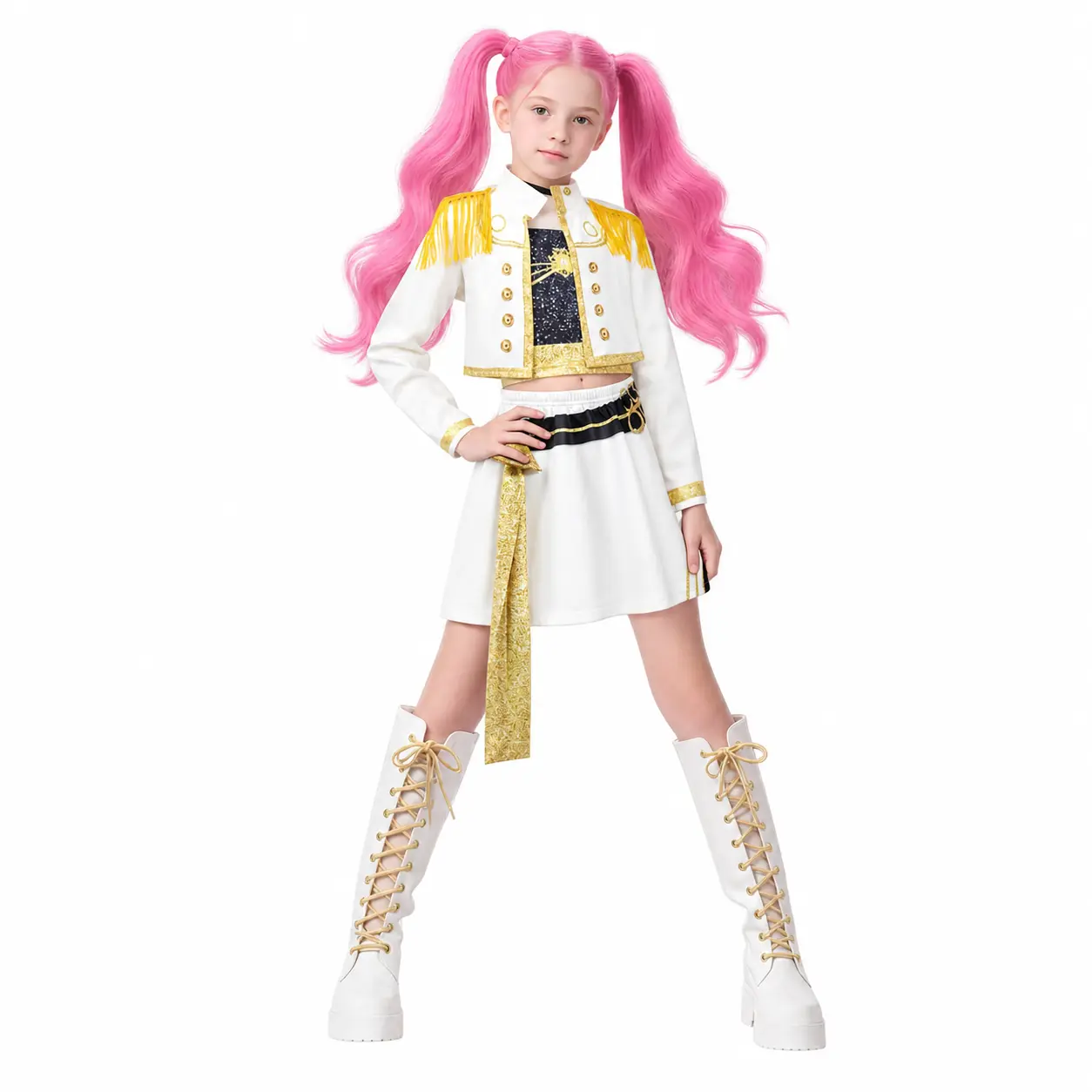 Girls Halloween Cosplay Outfit Set White and Gold Fringe Jacket and Skirt for Dance Party and Stage Events