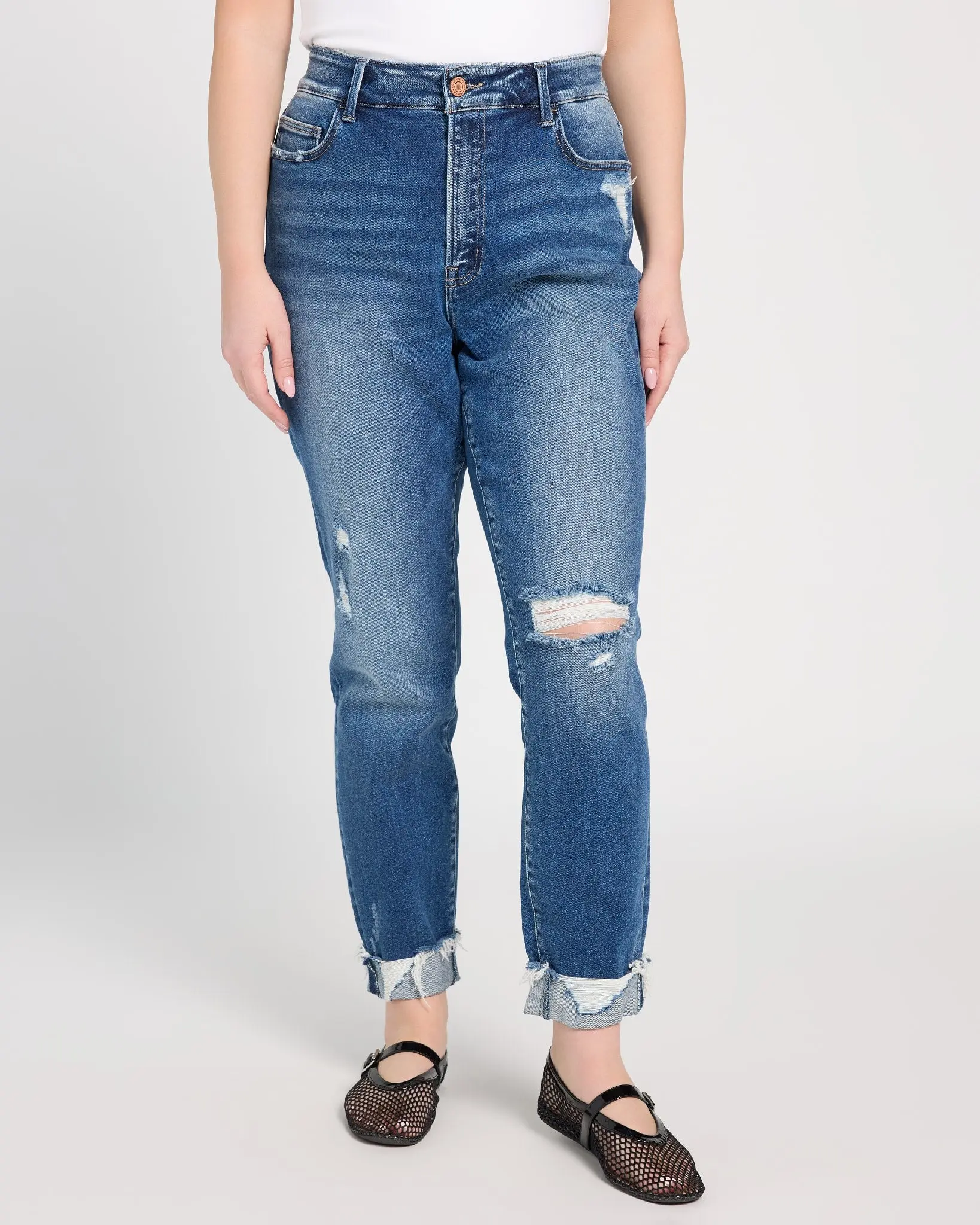Women's Plus Size High-Rise Stretch Denim Distressed Cuffed Cropped Skinny Ripped Jeans - Slim-Fitting, Soft Texture, Plus Size Basics for Casual Wear