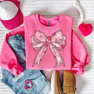 [Sale Up To 50%] Coquette Valentine's Day Sweatshirt, Valentine Bow Sweater, Retro Valentine Crewneck, Women's Cute Heart, Pink Valentines Sweater, streetwear graphic tee