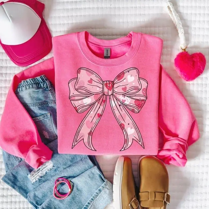 [Sale Up To 50%] Coquette Valentine's Day Sweatshirt, Valentine Bow Sweater, Retro Valentine Crewneck, Women's Cute Heart, Pink Valentines Sweater, streetwear graphic tee