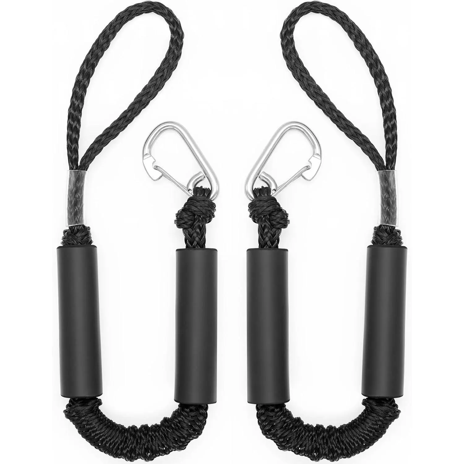2-Pack Marine Grade Bungee Dock Lines, 2ft Marine Boat Accessories with Stainless Steel Clips, Stretch Shock-Absorbing Mooring Ropes for Boats, Pontoons, Black, Jet Skis, Marine Nylon