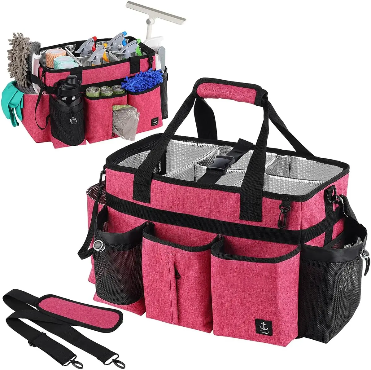 Large Cleaning  Bags  with Sturdy Support Board, Cleaning Organizer with Detachable Dividers, Cleaning  Tote with Adjustable  Strap &  Belt for Cleaners Housekeepers
