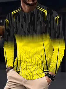 Men's Geometric Gradient Print Long Sleeve T-Shirt, Casual Fashion Streetwear, Outdoor Sportswear, Outdoor Sports and Daily Wear, Retro Style