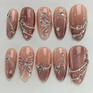 30pcs Cat Eye Gradient Galaxy Butterfly Line Sparkle Pearl Press-On Nails, Reusable Magnetic Nail Tips with Jelly Glue & File, Fake Nails