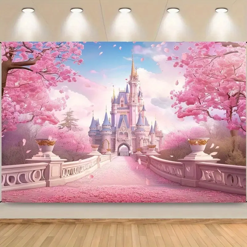 Pink Cherry Blossom Fairy Castle Backdrop Banners, 2D Print with Dreamy Castle & Full Cherry Blossom Scene, Ideal for Princess Theme Parties, Girly Decor & Fantasy Gifting, Magical Sweet Vibe
