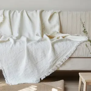 Simple&Opulence 100% Linen Throw Blanket 55x75 inches, Farmhouse Boho Tassel Blanket for Couch, Bed, Sofa, Breathable Natural Cozy Décor, memorial day