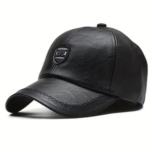 1 Men'S Stylish Black Faux Leather Baseball Cap with Adjustable Snapback - Lightweight, Durable, and Breathable for Outdoor Activities, Travel, Beach Parties, and Casual Wear, Spring Fashion Cap |     Adjustable Snapback Cap |     Durable Headgear