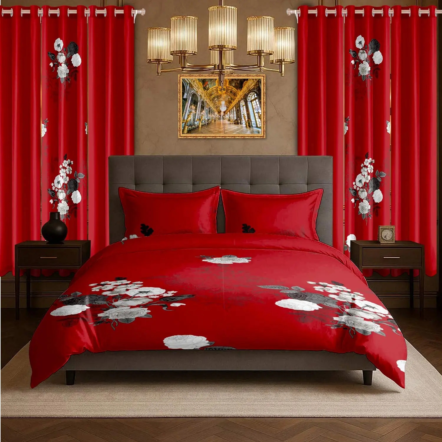 【Limited Time Deal】Red Vintage Floral 9Pc Room-in-a-Bag Bedspread Set | Includes Bedspread, 2 Pillowcases, 2 Print Curtains + 4 Solid Curtains | Quilted Durable Microfiber, Water Repellent, Wrinkle-Free, Machine Washable | Queen/King/Cal King