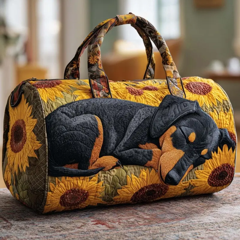 Dog Pattern Quilted Travel Bag Sunflower Color Large Capacity Storage Handbag