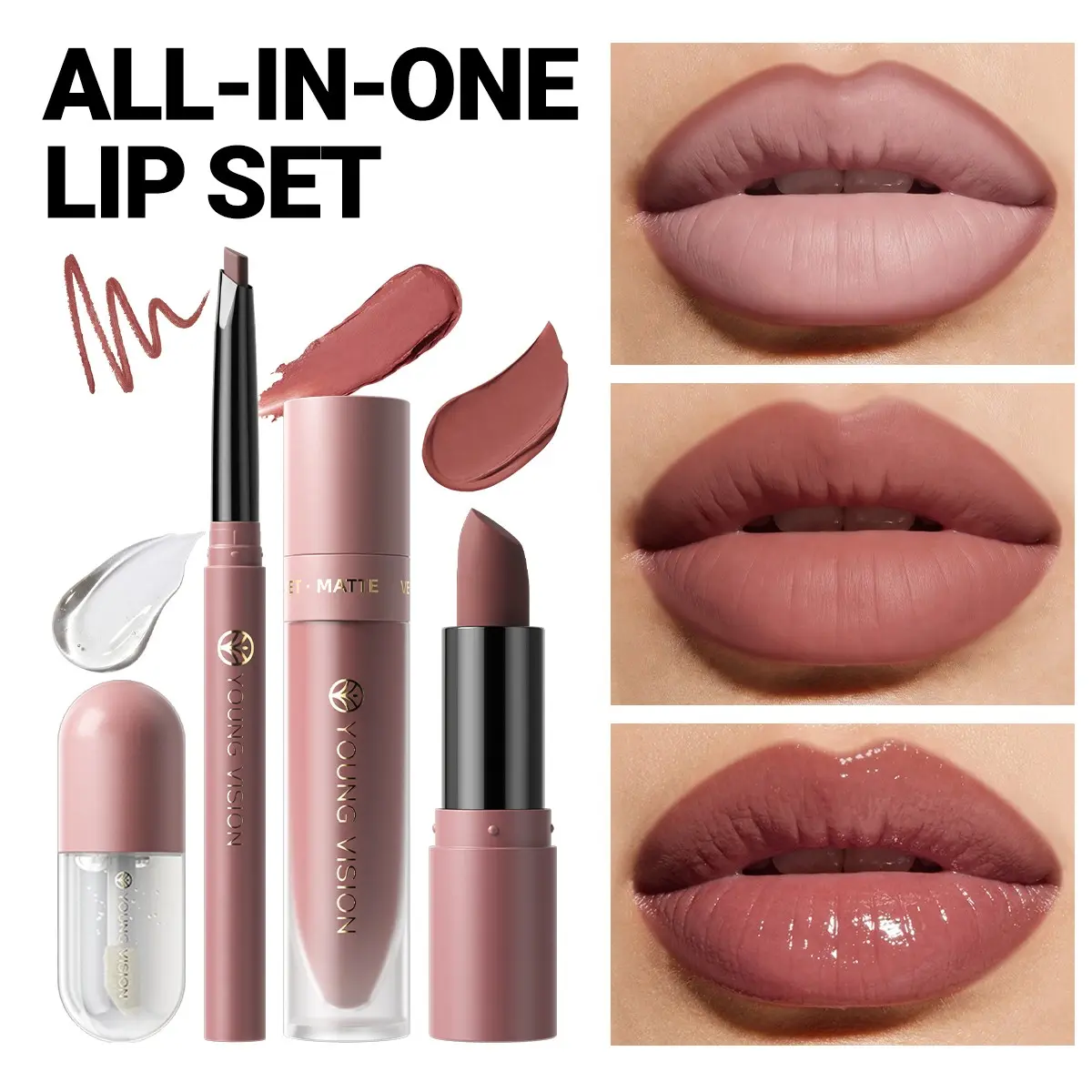 YOUNG VISION  Multi-Functional Lip Products Makeup Lip Makeup Set, Four-In-One Lip Liner, Lipstick, Color, Balm, High-Quality, Perfect for Self-Use and Gifting, Lip Cosmetic