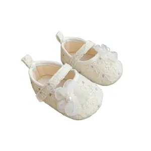 Calsunbaby Baby Girl Pearls Flowers Flats Non-Slip Soft Soles Cute Mary Jane Shoes Casual Walking Shoes For Newborn Toddler 0-12 Months
